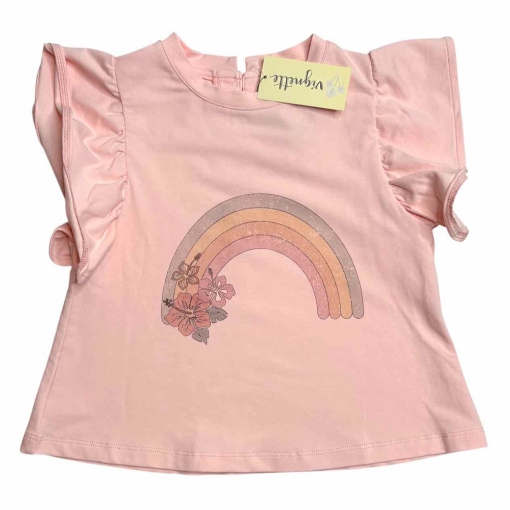 Charming Pink Short Sleeve Tee with Rainbow Design